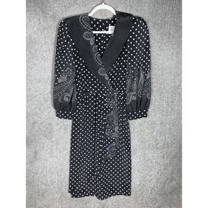 Vintage Sabino Dress‎ Womens Size 10 Black White Paisley Polka Dot Elastic Waist